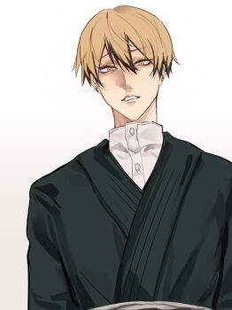 1boy black_hair blonde_hair closed_mouth colored_tips commentary_request ear_piercing earrings hair_between_eyes highres japanese_clothes jewelry jujutsu_kaisen looking_at_viewer male_focus multicolored_hair piercing short_hair simple_background solo streaked_hair teeth two-tone_hair white_background xingkon818 zen&#039;in_naoya