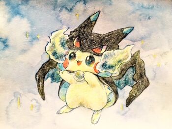 Rule 34 | animal focus, black eyes, charizard, cosplay, full body, gen 1 pokemon, mega charizard x, mega charizard x (cosplay), mega pokemon, nintendo, no humans, non (kumakawayusu), open mouth, pikachu, pokemon, pokemon (creature), solo, sparkle, traditional media