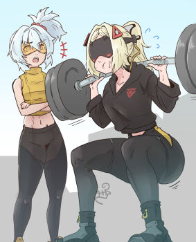 2girls blindfold blonde_hair closed_mouth crossed_arms exercising goggles hair_between_eyes highres knockmart long_hair multiple_girls open_mouth outdoors ponytail sidelocks soldier_11_(zenless_zone_zero) standing trigger_(zenless_zone_zero) weightlifting white_hair zenless_zone_zero