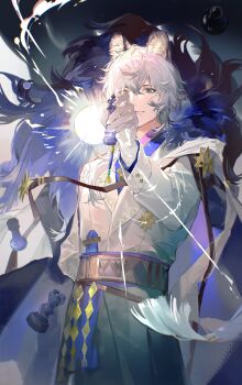 1boy absurdres animal_ear_fluff animal_ears arknights black_coat buttons chess_piece chinese_commentary coat coat_on_shoulders commentary_request cowboy_shot double-breasted gloves grey_hair hand_up highres holding holding_chess_piece lens_flare leopard_ears looking_at_viewer male_focus scarf silverash_(arknights) silverash_the_reignfrost_(arknights) simple_background smile solo white_background white_coat white_gloves white_scarf youling225