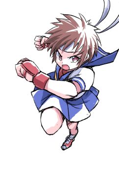 Rule 34 | 1girl, :o, blue sailor collar, blue skirt, clenched hands, fingerless gloves, full body, gloves, headband, highres, ikaringo (ikaringo4444), kasugano sakura, open mouth, red eyes, red gloves, sailor collar, shirt, short hair, short sleeves, skirt, solo, spiked hair, street fighter, v-shaped eyebrows, white background, white headband, white shirt