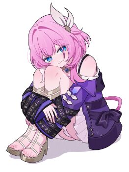 1girl bare_shoulders blue_eyes coat commentary_request cyrene_(honkai:_star_rail) cyrene_(philia093)_(honkai:_star_rail) dress full_body high_heel_sandals highres honkai:_star_rail honkai_(series) hugging_own_legs jewelry knees_up looking_at_viewer multicolored_hair necklace omuyan pink_hair purple_coat sandals sitting smile solo toes two-tone_hair white_dress white_hair