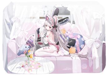 1girl absurdres animal_ears artist_request ass azur_lane baby_animal back backless_leotard backless_outfit bare_back bird black_bow blush bonnet bow check_artist chick closed_mouth couch cup curtains cushion detached_sleeves drink drinking_glass drinking_straw fake_animal_ears fake_tail feet flower food food_print frilled_headwear frills from_behind from_side fruit fruit_print glass grey_hair halford_(a_special_day_with_the_bunny_lord)_(azur_lane) halford_(azur_lane) hat highres holding hugging_doll hugging_object ice ice_cube indoors leotard long_hair long_sleeves looking_at_viewer looking_back manjuu_(azur_lane) menu namyo no_shoes non-web_source official_alternate_costume official_art on_couch orange_(fruit) orange_slice pantyhose parted_lips petite pillow pink_leotard plant playboy_bunny potted_plant rabbit rabbit_ears rabbit_tail red_eyes ribbon see-through_clothes see-through_sleeves sitting sleeves_past_wrists soles solo strapless strapless_leotard strawberry_print stuffed_animal stuffed_rabbit stuffed_toy table tail thighs very_long_hair wariza white_pantyhose window
