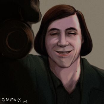1boy 2018 absurdres anton_chigurh artist_name blue_jacket bob_cut brown_hair commentary dated empty_eyes english_commentary false_smile feet_out_of_frame highres jacket no_country_for_old_men partially_shaded_face pocket pump quasimodox simple_background smile straight_hair teeth wing_collar