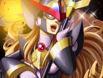 1girl android berkana_(mega_man) black-framed_eyewear blonde_hair breasts brick brick_wall commentary_request glasses gloves hat head_tilt holding holding_staff lips lipstick long_hair makeup medium_breasts mega_man_(series) mega_man_x_(series) mega_man_xtreme_2 open_mouth orange_sky photoshop_(medium) red_lips robot_ears sky smile solo sparkle staff teeth tongue tree twilight upper_body white_gloves witch witch_hat