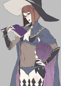 1girl black_bridal_gauntlets blue_cape blue_panties bodystocking book breasts bridal_gauntlets cape cleavage commentary_request cosplay covered_navel dark_mage_(fire_emblem_fates) diagonal_bangs fire_emblem fire_emblem_awakening fire_emblem_fates hair_tubes hand_on_own_hip hand_up hat highres hip_armor holding holding_book looking_at_viewer miriel_(fire_emblem) mouth_veil nintendo nyx_(fire_emblem) nyx_(fire_emblem)_(cosplay) panties red-framed_eyewear red_hair revealing_clothes small_breasts solo thighs tsujii_luki two-tone_legwear underwear veil witch_hat