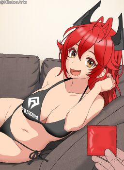 Rule 34 | absurdres, antenna hair, bikini, black bikini, breasts, brushing hair, commentary, condom, condom wrapper, couch, english commentary, fang, goddess of victory: nikke, highres, holding, holding condom, horns, kilatonart, large breasts, long hair, looking at viewer, lying, navel, on couch, on side, open mouth, pilgrim symbol (nikke), red hair, red hood (nikke), sidelocks, skin fang, swimsuit, yellow eyes