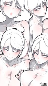 1girl absurdres artist_name bilingual_commentary bra breasts cleavage closed_mouth collarbone commentary earrings english_commentary floating_earrings hair_bun highres jewelry jrpencil large_breasts looking_at_viewer mixed-language_commentary multiple_views necklace open_mouth original parted_bangs parted_lips pearl_necklace raised_inner_eyebrows ring short_hair simple_background single_hair_bun smile underwear underwear_only white_background white_bra white_eyes white_hair white_theme