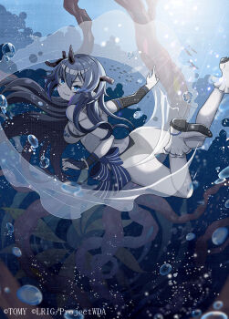 1girl ass blue_eyes blue_hair breasts broken_horn colored_skin copyright_notice grey_skin highres horns kei_s01 long_hair looking_at_viewer medium_breasts official_art saprolegnia_(wixoss) shoes sideboob smile solo underwater very_long_hair water white_shoes wixoss