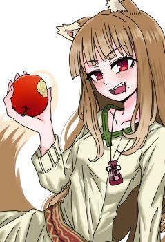 1girl :d akuma0320 animal_ear_fluff animal_ears apple bitten_apple blunt_bangs blush brown_hair commentary cowboy_shot dress drooling eyelashes fang food food_bite food_on_face fruit green_dress hand_up highres holding holding_food holding_fruit holo long_hair long_sleeves looking_at_viewer mouth_drool open_mouth red_eyes sidelocks simple_background smile solo spice_and_wolf straight_hair symbol-only_commentary tail teeth tsurime upper_teeth_only very_long_hair white_background wolf_ears wolf_tail