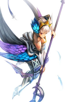 1girl armor armored_boots armored_dress black_wings blue_wings blunt_bangs boots breasts commentary_request crown detached_sleeves dress feather_hair_ornament feathered_wings feathers full_body grey_hair gwendolyn_(odin_sphere) hair_bun hair_ornament holding holding_polearm holding_weapon leg_wings low_wings medium_breasts multicolored_wings multiple_wings odin_sphere polearm purple_eyes purple_wings short_hair simple_background single_hair_bun solo spear strapless strapless_dress sushi_(sashimise) thigh_boots thighhighs weapon white_background wings