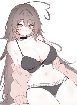 1girl ahoge black_bra black_choker black_panties blush bra breasts brown_eyes brown_hair cardigan choker closed_mouth clothes_writing collarbone commentary english_commentary hair_between_eyes heart heart_ahoge highres indie_virtual_youtuber large_breasts long_hair long_sleeves looking_at_viewer navel panties pink_cardigan simple_background sky_above_me sky_above_me_(vtuber) solo stomach thighs underwear virtual_youtuber white_background