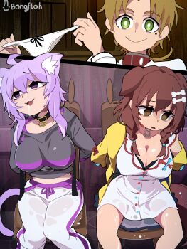 1boy 2girls :3 absurdres ahoge animal_ear_fluff animal_ears artist_name bags_under_eyes bare_legs black_collar black_hoodie blue_bow bone_hair_ornament bongftah bound bound_wrists bow bow_panties braid breasts bright_pupils brown_bow brown_hair brown_tail cat_ears cat_girl cat_tail chair cleavage collar collarbone commentary crossover dog_ears dog_girl dog_tail dress empty_eyes green_eyes hair_between_eyes hair_ornament hairclip highres holding holding_panties holding_underwear holding_unworn_clothes hololive hood hoodie inugami_korone inugami_korone_(1st_costume) jacket large_breasts long_sleeves low_twin_braids midriff mole mole_under_eye multiple_girls mushoku_tensei nekomata_okayu nekomata_okayu_(1st_costume) panties pants parted_bangs parted_lips peeing peeing_self pendant_choker purple_hair purple_tail red_collar rudeus_greyrat saliva shirt short_dress sidelocks single_off_shoulder sleeve_bow smile symbol-only_commentary tail tied_to_chair track_pants twin_braids underwear virtual_youtuber wet wet_clothes white_dress white_panties white_pants white_pupils white_shirt yellow_jacket