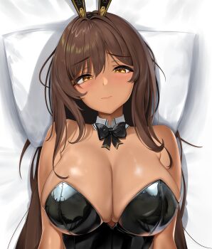 1girl animal_ears artistic_error black_bow black_bowtie black_leotard blush bow bowtie breasts brown_hair cleavage closed_mouth commentary dark-skinned_female dark_skin detached_collar english_commentary fake_animal_ears from_above furrowed_brow goddess_of_victory:_nikke highres large_breasts latex latex_leotard leotard long_hair looking_at_viewer lying noir_(nikke) on_back pillow playboy_bunny rabbit_ears ryuvie solo traditional_bowtie upper_body wing_collar yellow_eyes