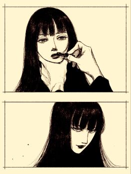 1girl black_hair blunt_bangs border highres hime_cut lipstick long_hair looking_at_viewer makeup original solo tp_p_pt white_background white_border