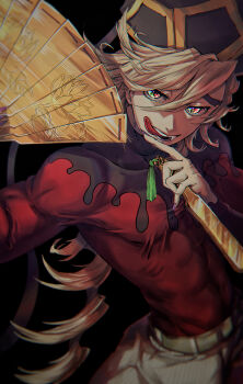 Rule 34 | 1boy, absurdres, blonde hair, chanmura, chinese commentary, commentary request, douma (kimetsu no yaiba), hair between eyes, highres, kimetsu no yaiba, long hair, looking at viewer, male focus, patterned hair, red shirt, shirt, smile, solo, tight clothes, tight shirt, toned, toned male