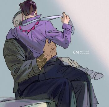 2boys arm_tattoo black_hair black_pants clothes_grab collared_shirt commentary_request corbeau_(pokemon) fingernails hand_on_another's_waist highres male_focus mohawk multiple_boys necktie necktie_grab neckwear_grab nintendo pants philippe_(pokemon) pokemon pokemon_legends:_z-a purple_hair purple_shirt shirt short_hair sitting sitting_on_lap sitting_on_person sleeve_cuffs tattoo white_necktie yaoi yotsuban