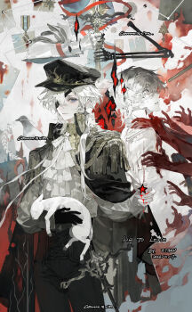 1boy absurdres animal animal_on_shoulder armor ascot baby_animal bird bird_on_shoulder black_hat black_pants blue_eyes burning closed_mouth coat commission cowboy_shot crying crying_with_eyes_open dove dual_persona earrings epaulettes eteru expressionless eyelashes eyepatch fingernails fire gloves happy_birthday hat high-waist_pants highres holding holding_animal jewelry lamb layered_ascot lips long_hair long_sleeves looking_at_viewer medal mihuashi_commission one_eye_covered original pale_skin pants paper parted_lips sheep shirt single_earring single_glove skeleton tears watermark white_ascot white_hair white_shirt