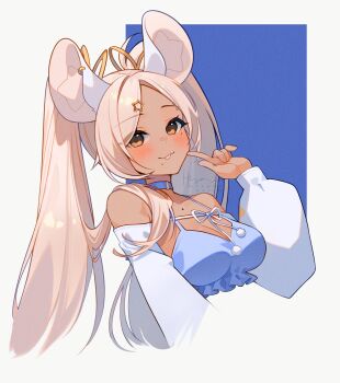 1girl animal_ears artist_name bare_shoulders belt belt_buckle belt_collar blue_belt blue_bra bra breasts brown_eyes buck_teeth buckle character_request closed_mouth collar commentary cropped_torso dark-skinned_female dark_skin detached_sleeves dot_nose english_commentary eyelashes eyes_visible_through_hair finger_to_cheek frilled_bra frills gold_buttons hair_ornament hair_ribbon hairclip happy highres hyanna-natsu indie_virtual_youtuber large_breasts light_blush long_hair mole mole_on_chest mole_under_eye mole_under_mouth mouse_ears multiple_moles parted_bangs pink_hair pom_pom_(clothes) puffy-trimmed_coat ribbon signature single_sidelock smile solo spaghetti_strap square star_(symbol) star_hair_ornament teeth twintails underwear very_long_hair virtual_youtuber watermark white_background white_ribbon white_sleeves yellow_ribbon