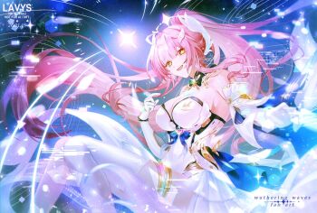 1girl aemeath_(wuthering_waves) ahoge alt_text alternate_breast_size_(larger) artist_name bare_shoulders breasts commentary dated elbow_gloves english_commentary floating_hair from_side gloves hair_ornament hand_up large_breasts lavyplus leotard long_hair looking_at_viewer looking_to_the_side open_mouth orange_eyes pink_hair ponytail smile solo star-shaped_pupils star_(symbol) symbol-shaped_pupils thighs very_long_hair watermark white_gloves white_leotard wuthering_waves