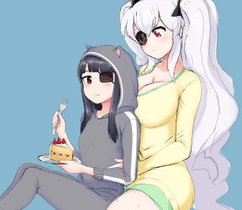 Rule 34 | animal hood, black hair, black pajamas, blunt bangs, blush, breasts, cake, cat hood, cleavage, commentary request, eyepatch, flat chest, food, fork, hair between eyes, hand on another's waist, highres, holding, holding plate, hood, jeaike art, large breasts, long hair, looking at another, mirai (senran kagura), pajamas, plate, red eyes, senran kagura, senran kagura shoujo-tachi no shin'ei, shuriken hair ornament, sidelocks, smile, strawberry shortcake, twintails, white hair, yagyu (senran kagura), yellow pajamas