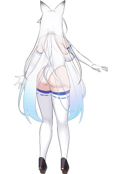 Rule 34 | 1girl, absurdres, animal ears, bare shoulders, breasts, reference sheet, collar, fox ears, fox girl, fox tail, from behind, full body, highres, huge breasts, kutan, leotard, long hair, mizuki (kutan), original, ribbon-trimmed thighhighs, ribbon trim, standing, tail, thighhighs, white hair, white thighhighs