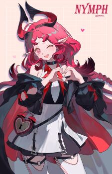 Rule 34 | 1girl, ;d, arknights, arm cutout, artist name, bare shoulders, black collar, black jacket, bright pupils, brown background, cape, character name, clothing cutout, collar, cowboy shot, domma1124, dress, drop shadow, grid background, hashtag-only commentary, heart, heart hands, highres, jacket, keyhole, long hair, long sleeves, looking at viewer, nymph (arknights), off shoulder, one eye closed, open mouth, pantyhose, pink hair, pointy ears, red cape, smile, solo, standing, strap, white dress, white pantyhose, white pupils