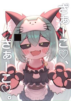 1girl :3 :d akuma_(st.takuma) animal_ear_fluff animal_ears animal_hands apron bare_shoulders bell black_sclera blush_stickers cat_cutout cat_ears clothing_cutout collar colored_sclera commentary drooling fang frilled_apron frills fur-trimmed_gloves fur_trim gloves green_hair hair_between_eyes hatsune_miku heart highres jingle_bell long_hair looking_at_viewer mimukauwa_nice_try_(vocaloid) mouth_drool neck_bell open_mouth paw_gloves raised_inner_eyebrows red_collar simple_background skin_fang smile solo translation_request twintails waist_apron white_background yellow_eyes zako_(phrase)