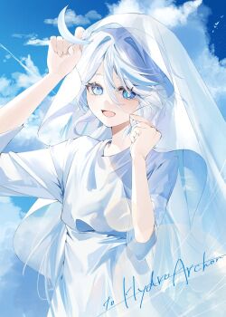 1girl blue_eyes cloud cloudy_sky furina_(genshin_impact) genshin_impact heterochromia highres short_hair sky solo veil yukiusagi_(snowrabbit0508)