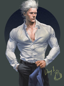 1boy absurdres artist_self-insert black_pants blue_jacket buttons circle clenched_hand collared_shirt commentary covered_pectorals cowboy_shot day devil_may_cry_(series) english_commentary english_text eyelashes hair_slicked_back hands_in_pockets highres holding holding_jacket holding_unworn_clothes jacket lips long_sleeves looking_to_the_side male_focus muscular muscular_male nose pants pectorals realistic shirt short_hair solo suit_jacket tight_clothes two-tone_background unbuttoned unbuttoned_shirt unworn_jacket v-shaped_eyebrows vergil_(devil_may_cry) white_hair white_shirt yingyuzi010523