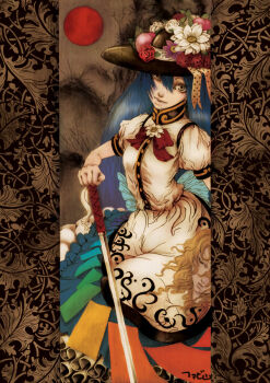 1girl blonde_hair blue_hair blue_skirt brown_eyes buttons commentary_request flower food frilled_skirt frills fruit full_moon hane_(azelye) hat hat_flower hat_ribbon hinanawi_tenshi long_hair moon peach peach_hat_ornament photoshop_(medium) puffy_short_sleeves puffy_sleeves purple_flower rainbow_order red_flower red_moon ribbon rose severed_head shirt short_sleeves skirt solo sword_of_hisou touhou white_flower white_shirt