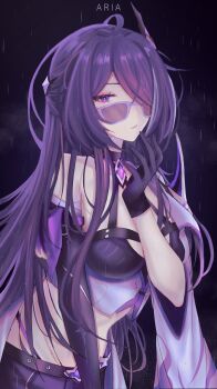 1girl a_r_i_a absurdres acheron_(honkai:_star_rail) bare_shoulders black_choker black_gloves breasts choker commentary crop_top gloves hair_ornament hand_up highres honkai:_star_rail honkai_(series) large_breasts long_hair looking_at_viewer midriff purple_eyes purple_hair solo stomach sunglasses upper_body very_long_hair