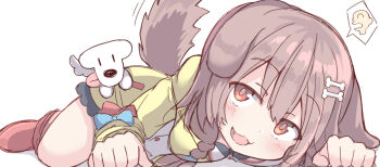 1girl :d animal_ears blush bone_hair_ornament braid breasts brown_hair cartoon_bone commentary_request dog_ears dog_girl dog_tail dress fang hair_between_eyes hair_ornament hair_over_shoulder highres hololive inugami_korone inugami_korone_(1st_costume) jacket listener_(inugami_korone) long_hair looking_at_viewer low_twintails medium_breasts no_shoes open_clothes open_jacket open_mouth red_eyes red_socks simple_background smile socks spoken_character tail twin_braids twintails umberblack virtual_youtuber white_background white_dress yellow_jacket