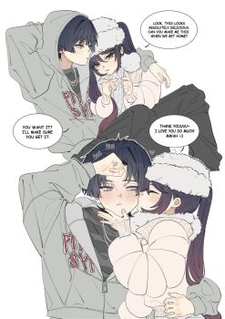 1boy 1girl alternate_costume aqua_eyes arm_around_waist arm_behind_head arm_up black_hair blunt_bangs blunt_ends blush casual cellphone choppy_bangs clenched_hand coat contemporary couple english_text eyelashes facing_another fur_collar fur_hat genshin_impact grey_eyes grey_hood grey_jacket grey_pants grey_shirt grey_sleeves hair_between_eyes hand_on_another&#039;s_waist hand_on_own_forehead hat hetero highres holding holding_phone hood hood_down hood_up hooded_jacket jacket jewelry kiss kissing_cheek long_hair long_sleeves looking_at_another mona_(genshin_impact) necklace pants parted_bangs phone pink_nails scaramouche_(genshin_impact) scarf sequential shirt side-by-side smartphone speech_bubble striped_clothes striped_shirt tsurime twintails white_background white_coat white_hat white_scarf white_sleeves winter_clothes winter_coat ysnden zipper_pull_tab