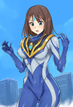 1girl :o armor blue_bodysuit blue_gem blue_sky blurry blurry_background blush bodysuit breastplate breasts brown_hair building city cityscape collarbone color_timer commentary commission contrapposto cosplay covered_navel cowboy_shot curled_fingers day forehead_jewel furrowed_brow gem giant giantess gold_trim green_eyes groin hands_up highres idolmaster idolmaster_cinderella_girls kaga_kasama large_breasts long_hair looking_down multicolored_bodysuit open_mouth outdoors shibuya_rin silver_bodysuit skeb_commission skin_tight sky solo standing straight_hair sweatdrop teeth tokusatsu two-tone_bodysuit ultra_series ultraman_agul ultraman_agul_(cosplay) ultraman_gaia_(series) upper_teeth_only
