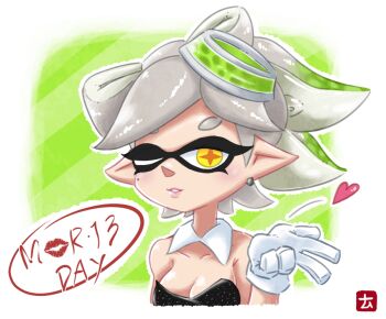 Rule 34 | 1girl, bare shoulders, blowing kiss, breasts, cleavage, collarbone, detached collar, earrings, female focus, gloves, gradient hair, green hair, hair rings, hand up, heart, inkling, jewelry, lips, lipstick mark, looking at viewer, marie (splatoon), marie (squid sisters outfit) (splatoon), medium breasts, mole, mole under eye, multicolored hair, namuro, nintendo, object on head, one eye closed, parted lips, pink lips, pointy ears, silver hair, solo, splatoon (series), splatoon 1, strapless, suction cups, tentacle hair, two-tone hair, upper body, white gloves, yellow eyes