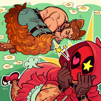 2boys alternate_costume animal_ears animal_feet ass beard belt big_bad_wolf big_bad_wolf_(cosplay) bow brown_hair collar commentary_request cosplay couple deadpool deadpool_&amp;_wolverine deadpool_(series) dress facial_hair fishnets gloves halloween halloween_costume hand_hair heart heart-shaped_pupils highres hood hood_up little_red_riding_hood_(fairy_tale) little_red_riding_hood_(fairy_tale_character)_(cosplay) little_red_riding_hood_(fairy_tale_character) looking_at_another male_focus marvel marvel mask multiple_boys muscular muscular_male om85549 pants red_hood red_mask scar scars_all_over short_hair short_sleeves sleeping star-shaped_pupils star_(symbol) symbol-shaped_pupils tail too_many topless_male wolf_boy wolf_ears wolf_tail wolverine_(x-men) x-men yaoi