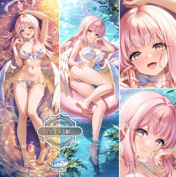 1girl angel_wings arm_up armpits bikini blue_archive blush breasts choker cleavage closed_mouth collarbone commentary_request dakimakura_(medium) douya_(yaomiaomiao) feathered_wings halo long_hair looking_at_viewer low_wings lying medium_breasts mika_(blue_archive) mika_(swimsuit)_(blue_archive) navel on_back open_mouth pink_hair pink_halo smile stomach swimsuit very_long_hair white_bikini white_choker white_wings wings