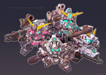 4others armor assault_visor bazooka_(gundam) beam_rifle character_name chibi commentary_request crossover energy_gun full_armor gatling_gun glowing glowing_eyes green_eyes gun gundam gundam_amazing_red_warrior gundam_build_fighters gundam_build_fighters_try gundam_msv gundam_unicorn heavy_full_armor_gundam heavy_gundam mecha mecha_focus minigun missile_pod mobile_suit mobile_suit_gundam multiple_others no_humans perfect_gundam redesign robot rocket_launcher science_fiction sd_gundam shoulder_cannon susagane unicorn_gundam v-fin weapon