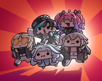 5girls ahoge aqua_hair beret black_hair blonde_hair blue_hair commentary english_commentary fang flow_glow_(hololive) grey_hair hair_ribbon hat headphones headphones_around_neck highres hololive hololive_dev_is isaki_riona isaki_riona_(1st_costume) keenbiscuit kikirara_vivi kikirara_vivi_(1st_costume) koganei_niko koganei_niko_(1st_costume) long_hair mizumiya_su mizumiya_su_(1st_costume) multicolored_hair multiple_girls navel open_mouth pink_hair purple_hair ribbon rindo_chihaya rindo_chihaya_(1st_costume) short_hair side_ponytail smile streaked_hair sunglasses two_side_up virtual_youtuber white_hair