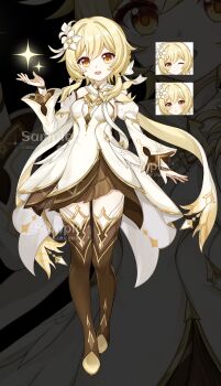 1girl :d absurdres blonde_hair boots breasts chinese_commentary commentary_request detached_sleeves dress flower full_body genshin_impact hair_between_eyes hair_flower hair_ornament highres long_hair long_sleeves looking_at_viewer lumine_(as_heaven_and_earth_are_made_anew)_(genshin_impact) lumine_(genshin_impact) m_youyu_y one_eye_closed open_mouth scarf short_hair_with_long_locks sidelocks smile solo thigh_boots thighhighs white_dress white_scarf yellow_eyes zettai_ryouiki zoom_layer