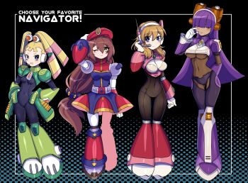 4girls alia_(mega_man) armor beret black_bodysuit blonde_hair blue_dress blue_eyes bodysuit breasts brown_hair detached_hair dress green_armor green_eyes hair_over_one_eye hat headset highres iris_(mega_man) koshianpancake layer_(mega_man) long_hair medium_breasts medium_hair mega_man_(series) mega_man_x_(series) mole mole_under_eye multiple_girls pallette_(mega_man) pink_armor purple_hair red_dress red_hat trait_connection twintails