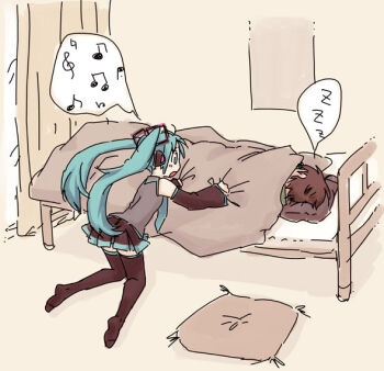 1girl aqua_hair bed commentary hatsune_miku hinata_(artist) long_hair magamoto master sleeping thighhighs twintails very_long_hair vocaloid zettai_ryouiki