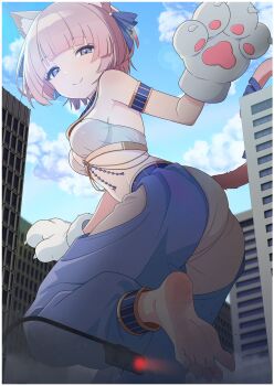 1girl animal_ear_fluff animal_ears arabian_clothes arimura_mao bare_shoulders barefoot blue_sky breasts building cat_ears cat_girl cat_tail city cloud commentary_request gakuen_idolmaster giant giantess harem_pants highres idolmaster kemonomimi_mode large_breasts looking_at_viewer looking_back midriff outdoors pants pink_hair purple_eyes short_hair sky smile solo tail toxic_pter
