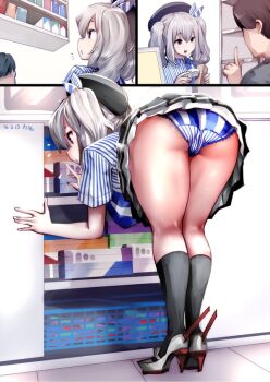 10s 1boy 1girl :d ass barcode_scanner bent_over breasts clerk collared_shirt dress_shirt employee_uniform from_behind hat high_heels holding holding_barcode_scanner image_sample kantai_collection kashima_(kancolle) kneepits large_breasts lawson md5_mismatch miniskirt open_mouth panties pleated_skirt resized resolution_mismatch sequential shelf shirt short_sleeves silver_hair skirt smile solo_focus source_larger souryu standing twintails underwear upskirt wavy_hair