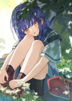 Rule 34 | 1girl, absurdres, anemoi, black sailor collar, black shorts, black socks, blue hair, blue skirt, blurry, blurry foreground, braid, commentary request, depth of field, flower, hair ornament, hairclip, hat, head tilt, highres, knees up, long hair, looking at viewer, miyoshino, official art, orange eyes, parted lips, peaked cap, pleated skirt, red hat, red shoes, sailor collar, school uniform, serafuku, shirt, shoes, short sleeves, shorts, shorts under skirt, sitting, skirt, socks, solo, unworn hat, unworn headwear, very long hair, white flower, white shirt