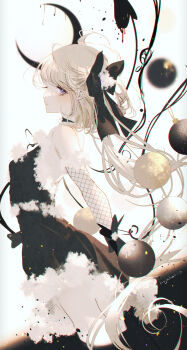 1girl adapted_costume bare_shoulders black_bow black_skirt black_vest blonde_hair bow christmas_ornaments crescent_moon detached_sleeves fishnet_sleeves fishnets flandre_scarlet from_side fur-trimmed_skirt fur_trim hair_bow highres laevatein_(touhou) long_hair majamari moon profile purple_eyes skirt solo standing touhou very_long_hair vest wading