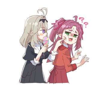 2girls ? ?? annoyed antenna_hair black_dress black_ribbon cheek_poking cheek_press dress green_eyes grey_hair hair_intakes hair_ribbon highres holding holding_ice_cream_cone ice_cream_cone kobayashi_mikuru long_hair looking_at_another looking_back meitantei_precure! moria_luluka multiple_girls piku_(another_pikuru) pink_hair pink_ribbon poking precure purple_eyes rectangular_mouth red_skirt ribbon simple_background skirt sweat two_side_up