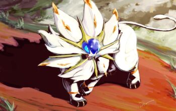 animal_focus animal_hands blue_eyes blue_sclera colored_sclera full_body gen_7_pokemon isutai legendary_pokemon lion looking_at_viewer mane nintendo no_humans open_mouth outdoors pokemon pokemon_(creature) pokemon_focus solgaleo solo standing white_fur