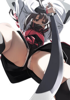 1girl black_hair black_scarf black_shorts breasts brown_eyes cropped_shirt fate/grand_order fate_(series) from_below fu-ta high-waist_shorts highres katana kawakami_gensai_(fate) kawakami_gensai_(first_ascension)_(fate) long_hair long_sleeves looking_at_viewer medium_breasts multicolored_hair panties ponytail red_shirt scarf shirt shorts sidelocks solo streaked_hair sword thighs underwear weapon white_hair white_panties white_sleeves wide_sleeves